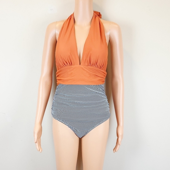 Cupshe Stripe Botton Solid Top One Piece  Swimsuit - Picture 2 of 11
